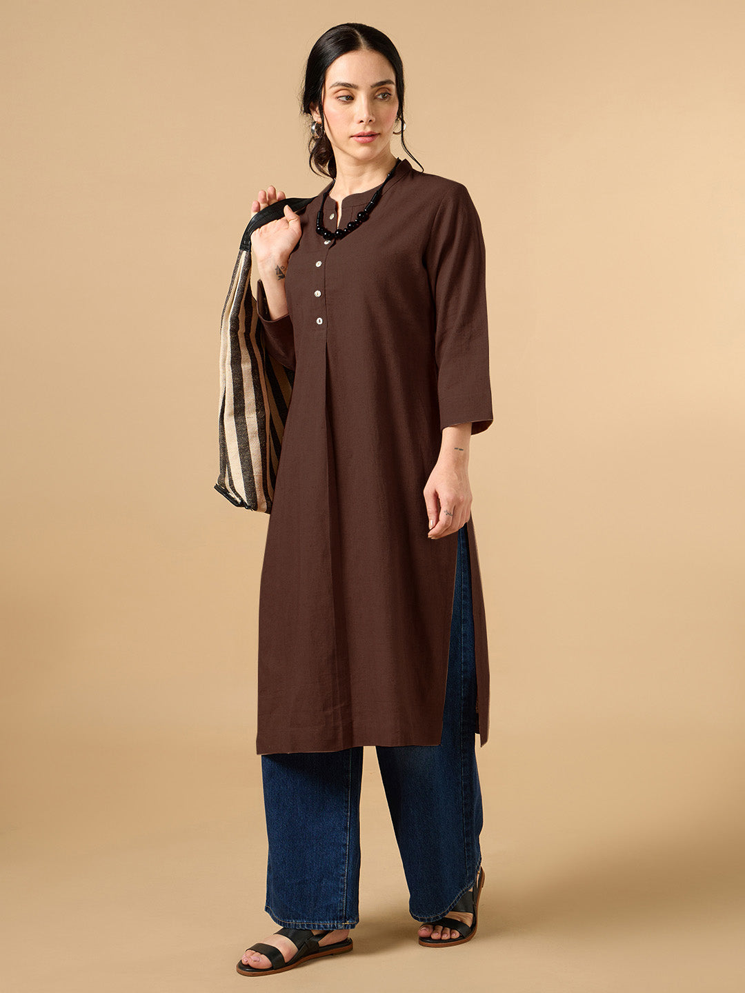 Classic Linen Dark Brown Straight Long Kurta