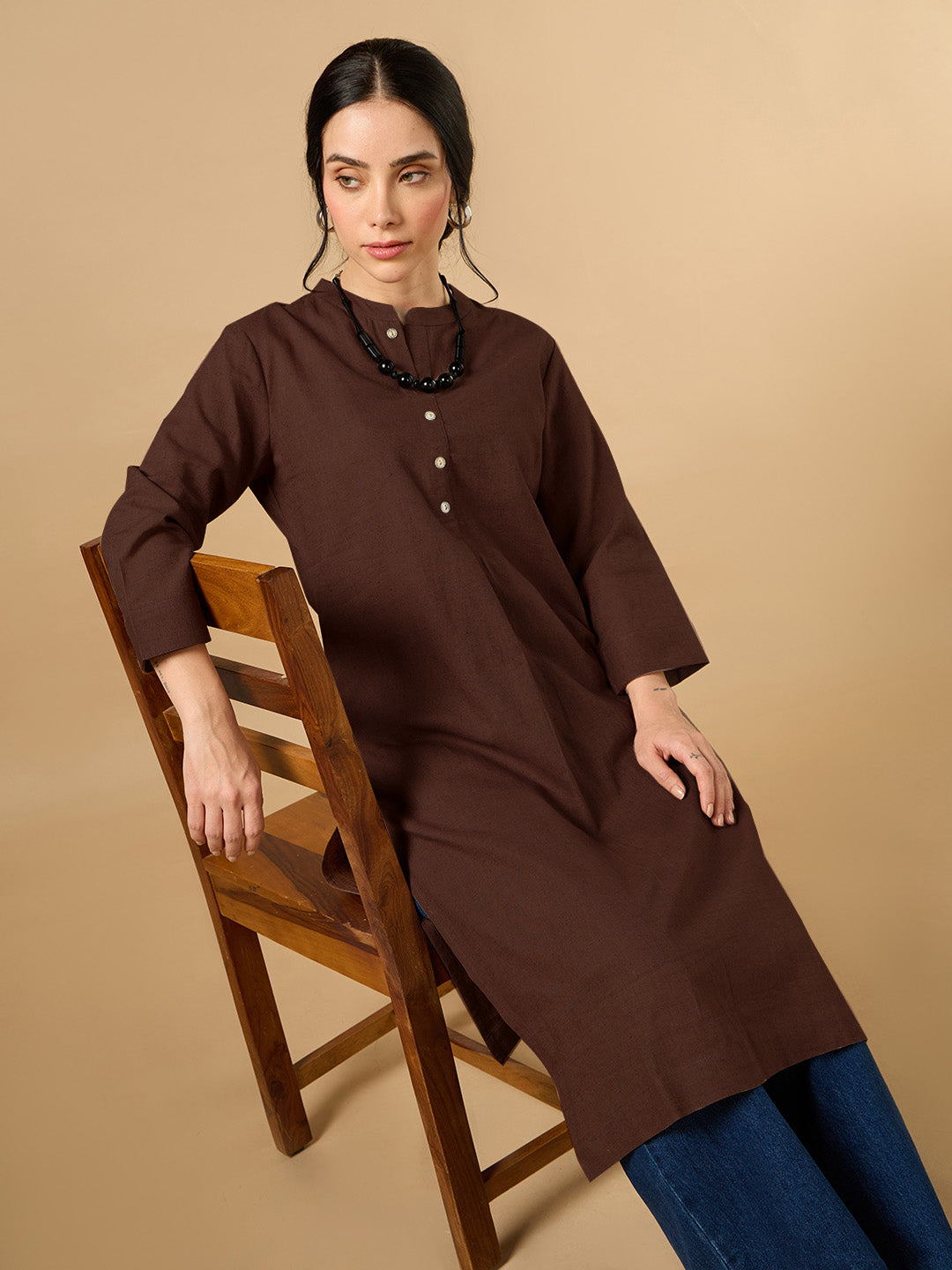 Classic Linen Dark Brown Straight Long Kurta