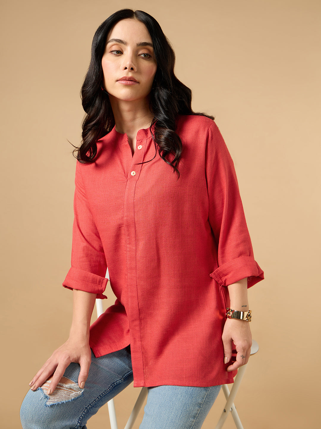 Classic Linen Crimson Red Short kurta