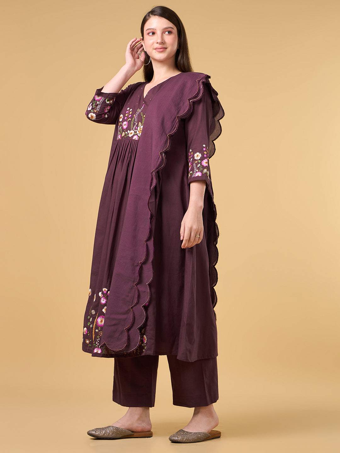 Wine Embroidered Cotton Suit