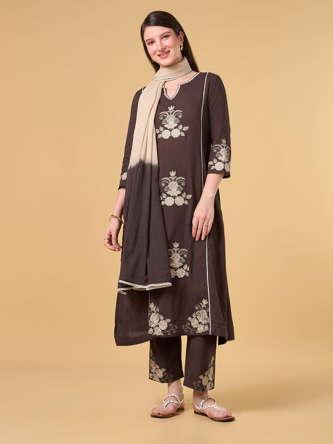 Dark Brown Embroidered Cotton Suit