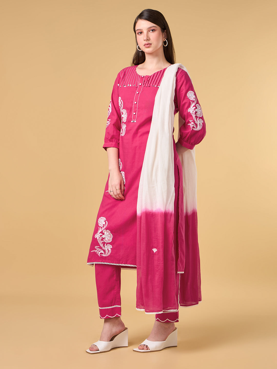 Bright Pink Embroidered Cotton Suit