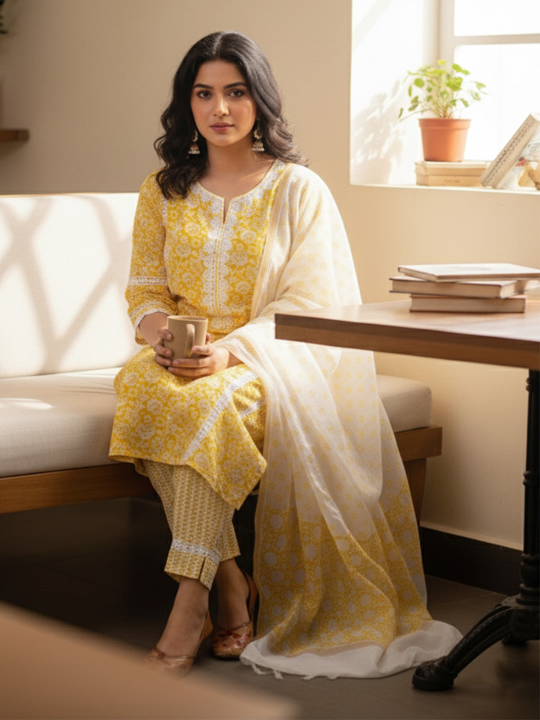 Amber Yellow Floral Print with Lace Work Cotton Suit