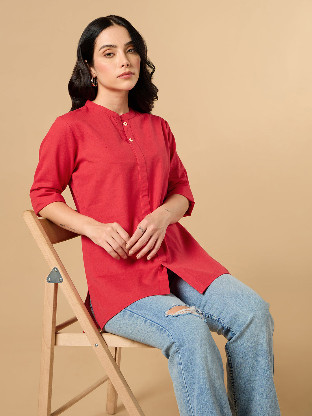 Classic Linen Red Short kurta