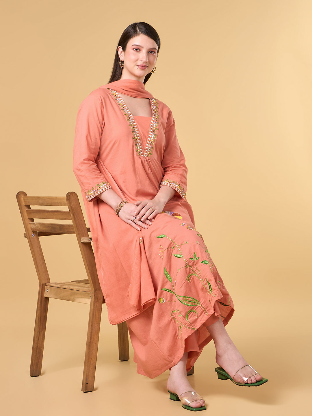 Orange Embroidered Cotton Suit