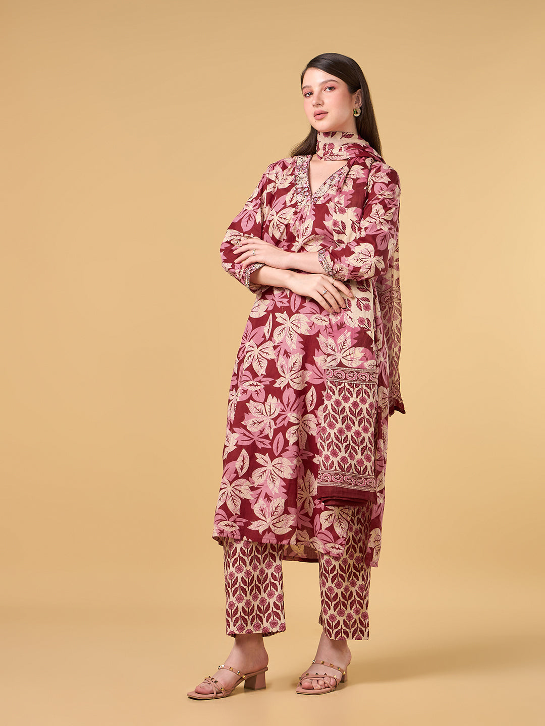 Maroon Tropical Printed Cotton Suit