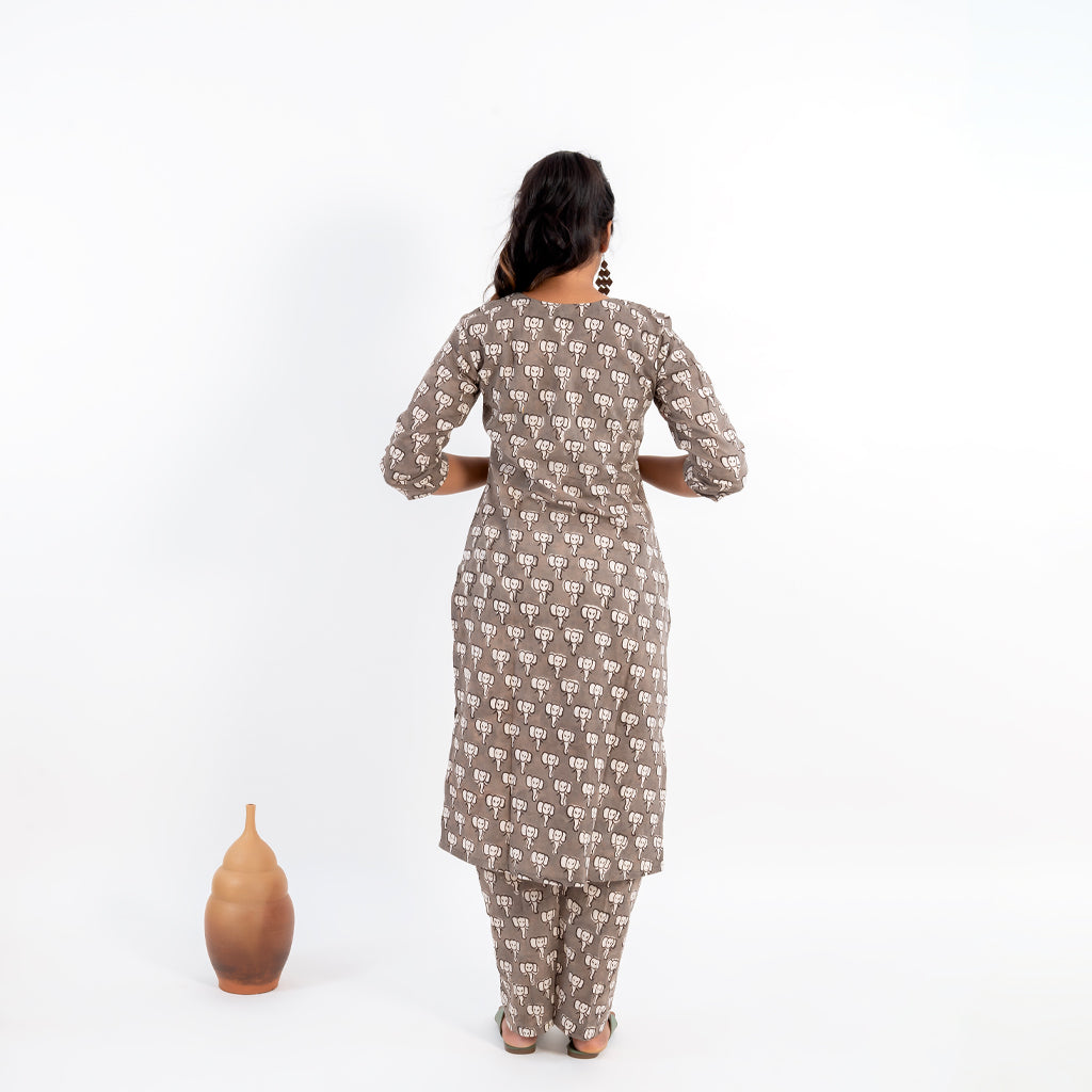 Grey Elephant Print Kurta Pant Co-ord Set