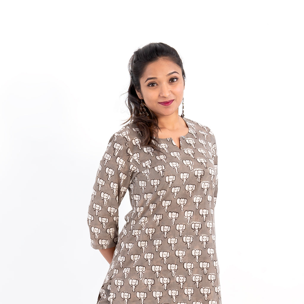 Grey Elephant Print Kurta Pant Co-ord Set