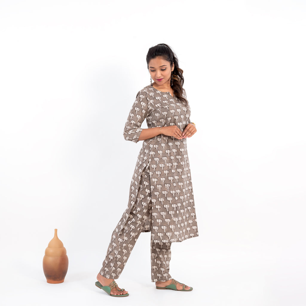 Grey Elephant Print Kurta Pant Co-ord Set