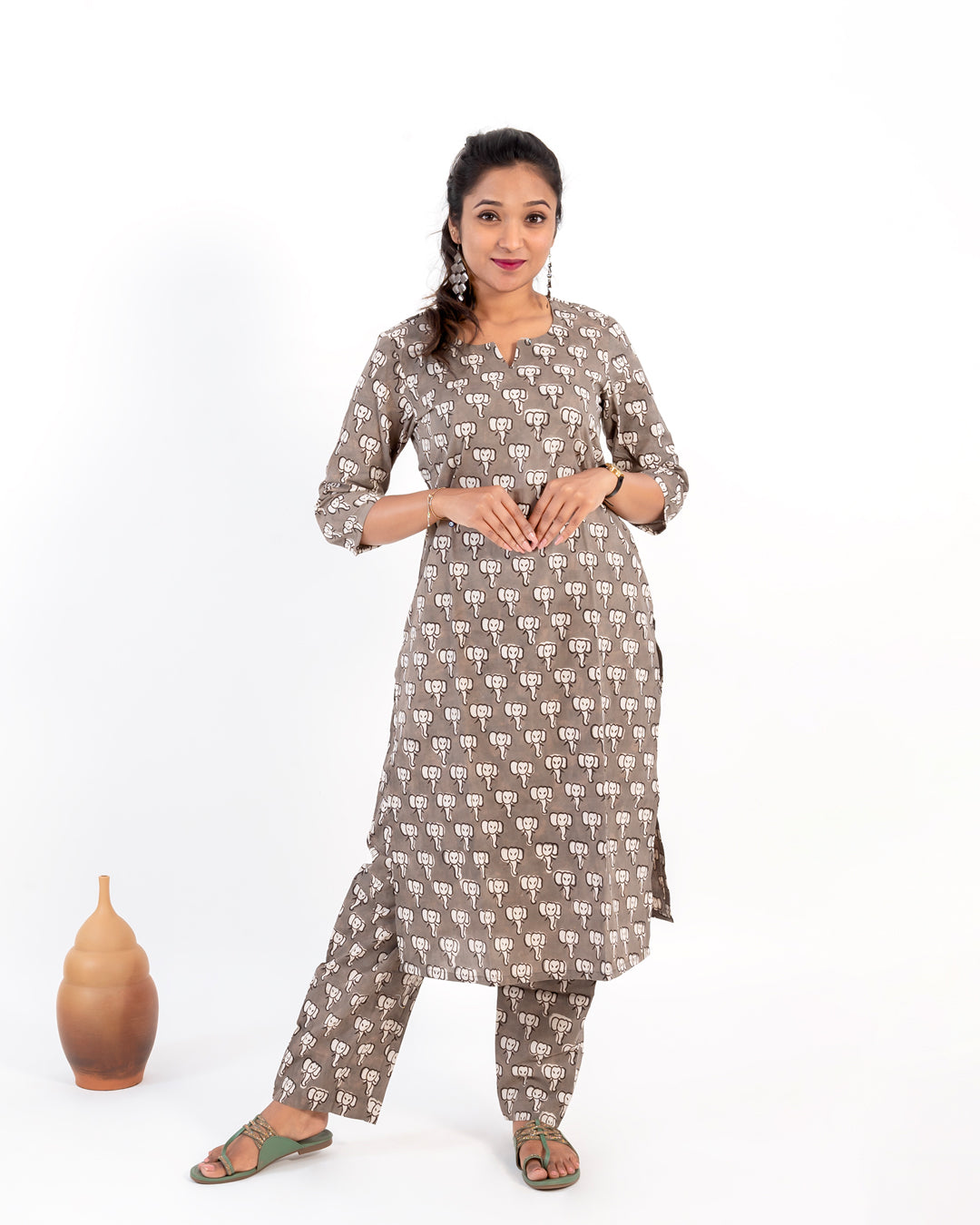 Grey Elephant Print Kurta Pant Co-ord Set