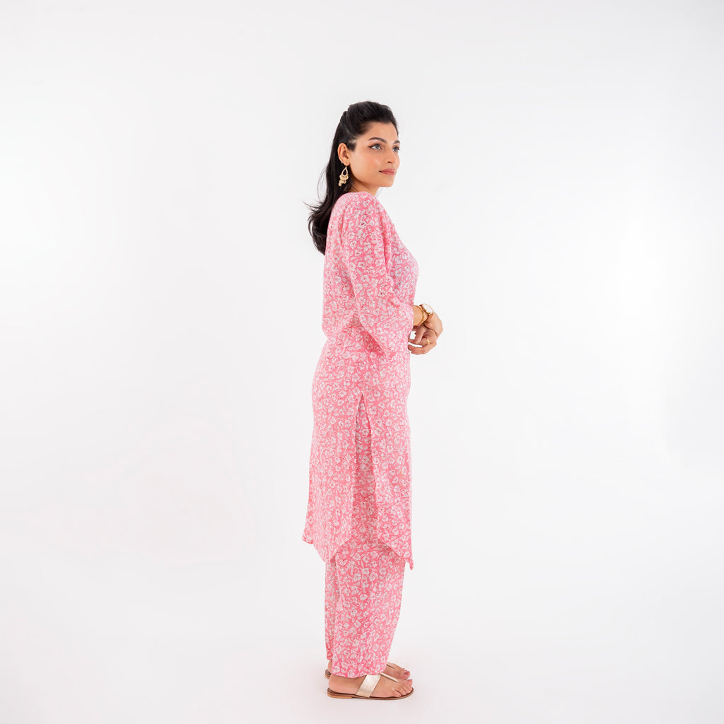 Rose Pink White Floral Apple cut Handblock Print Cotton Co-ord Set