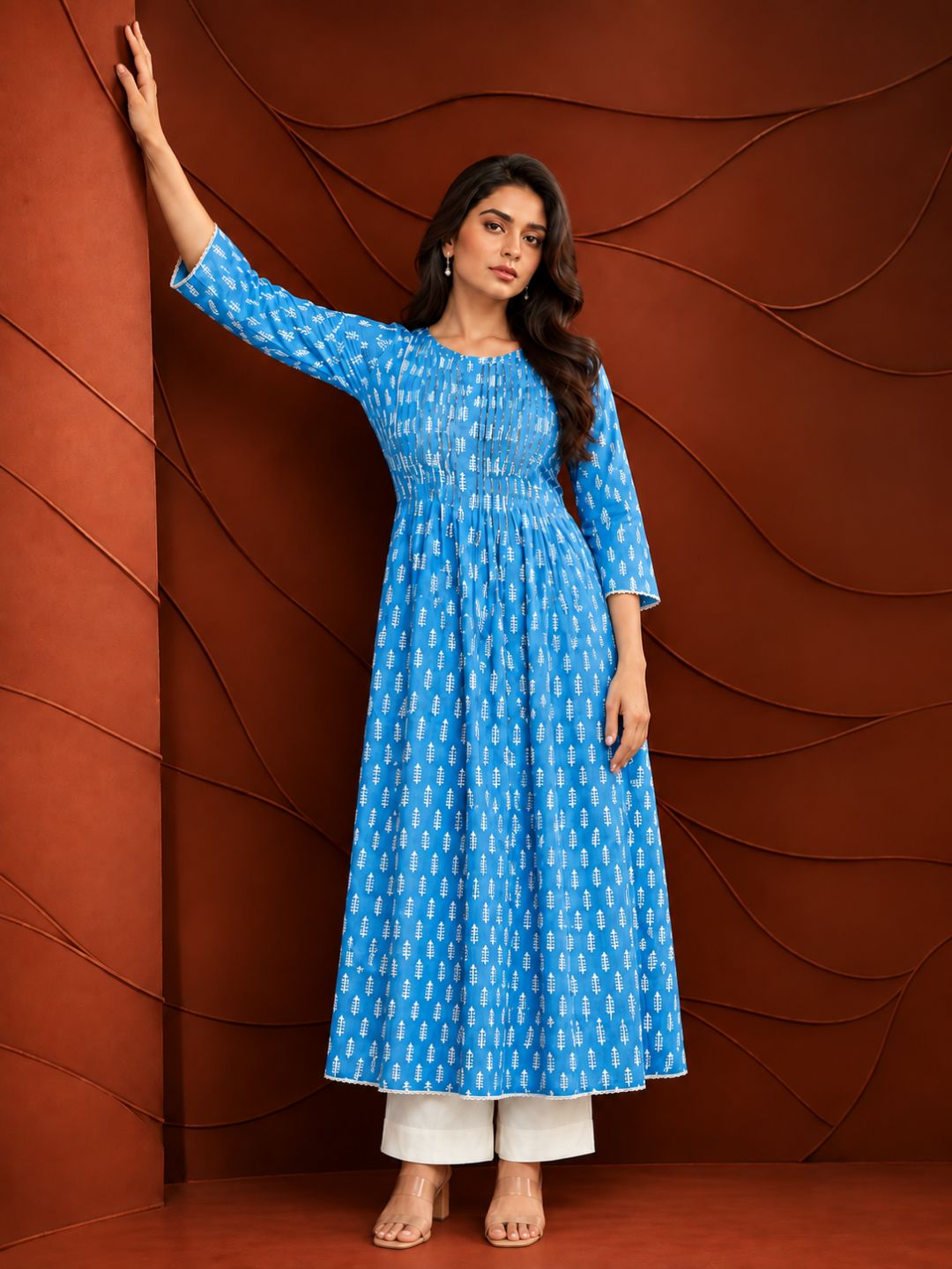 Blue Palm Leaf Printed Cotton Kurta