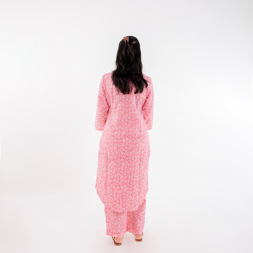 Rose Pink White Floral Apple cut Handblock Print Cotton Co-ord Set