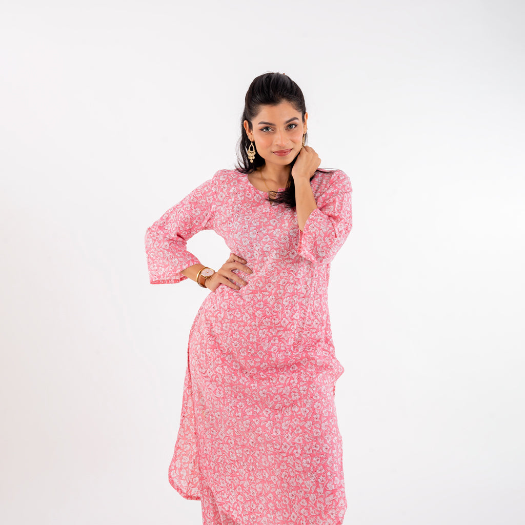 Rose Pink White Floral Apple cut Handblock Print Cotton Co-ord Set