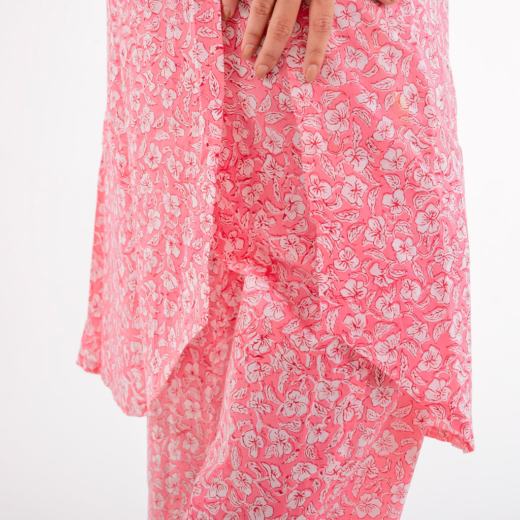 Rose Pink White Floral Apple cut Handblock Print Cotton Co-ord Set