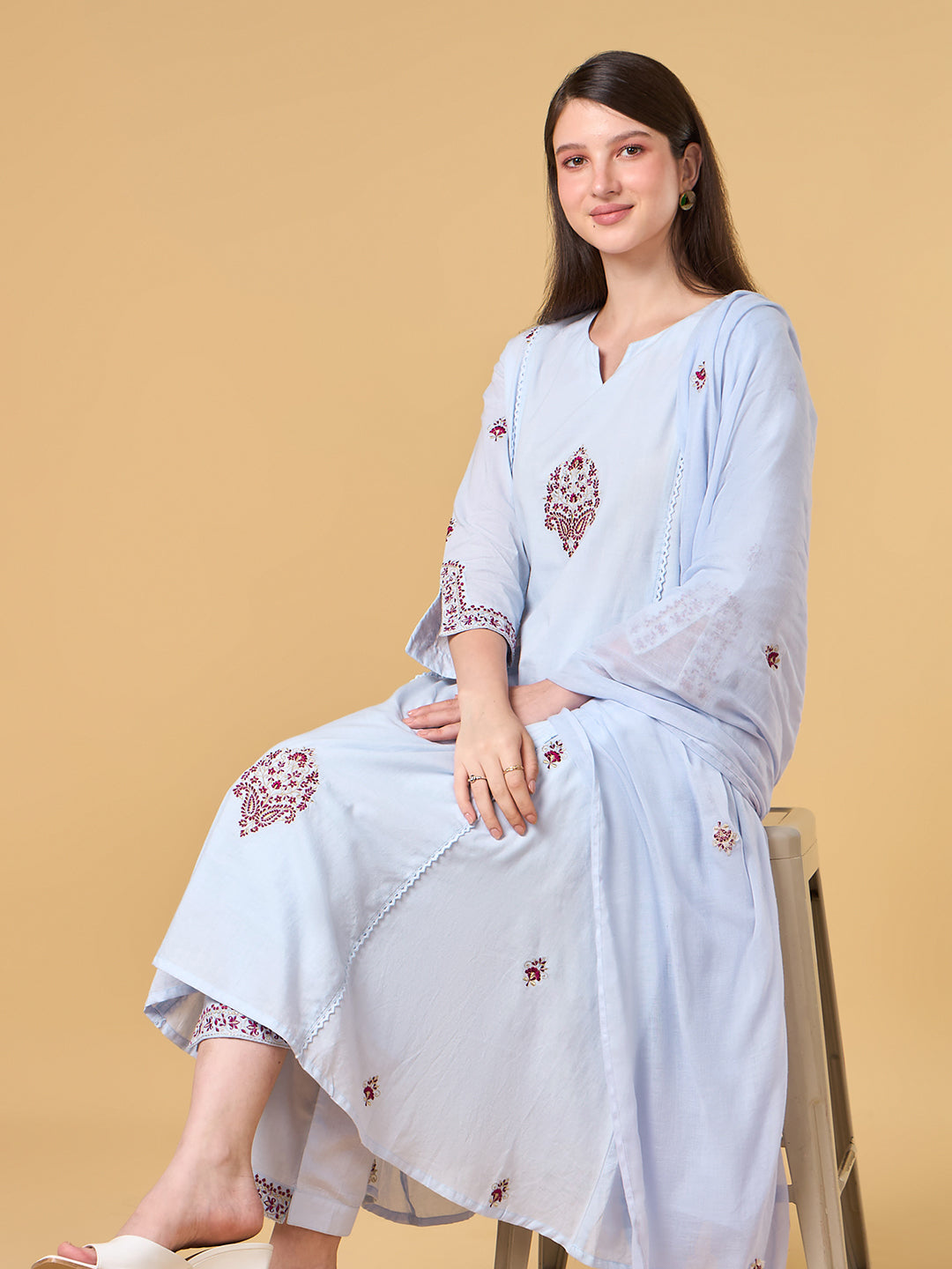 Pastel Snow Embroidered Cotton Suit