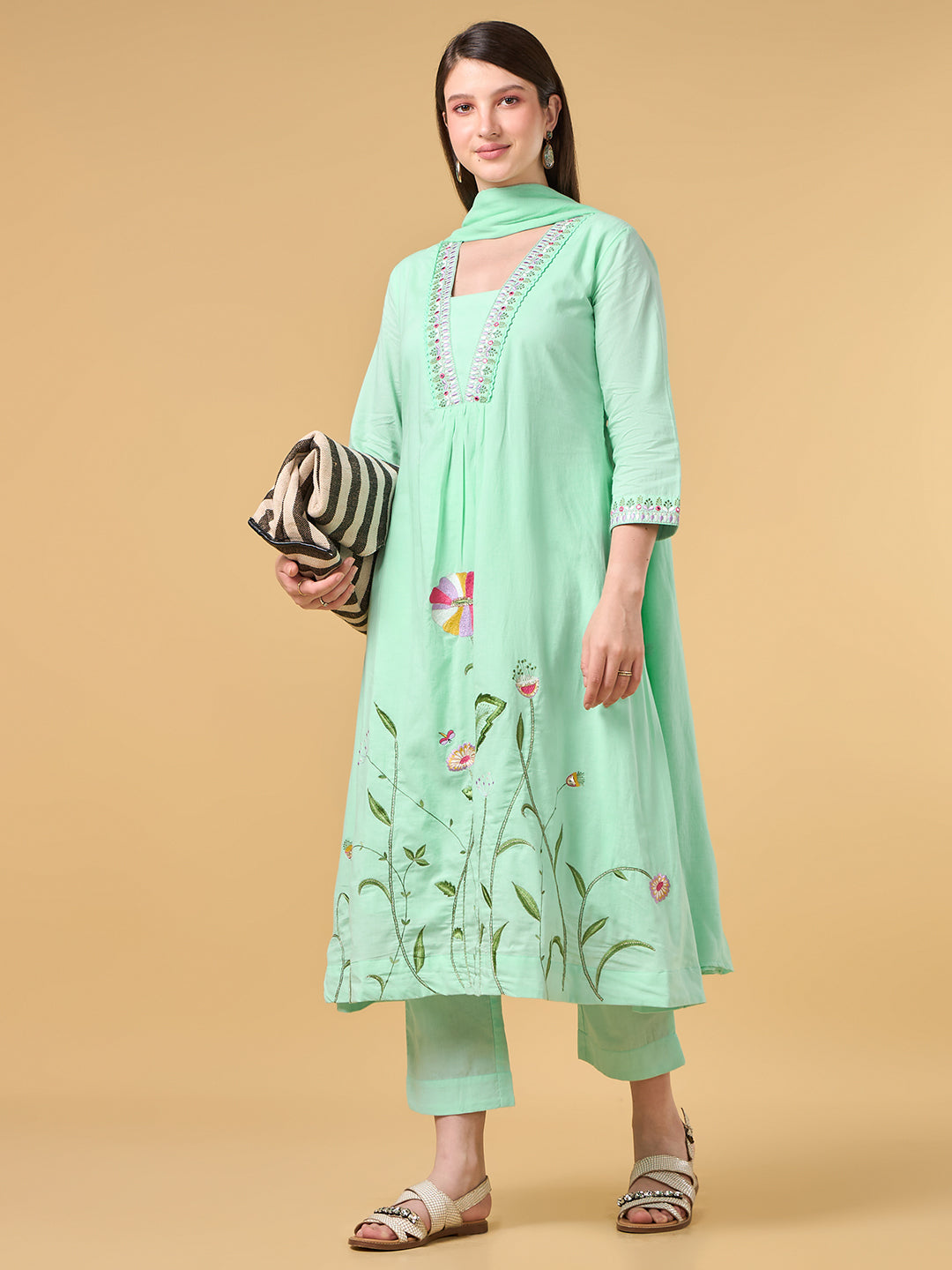 Pastel Green Embroidered Cotton Suit