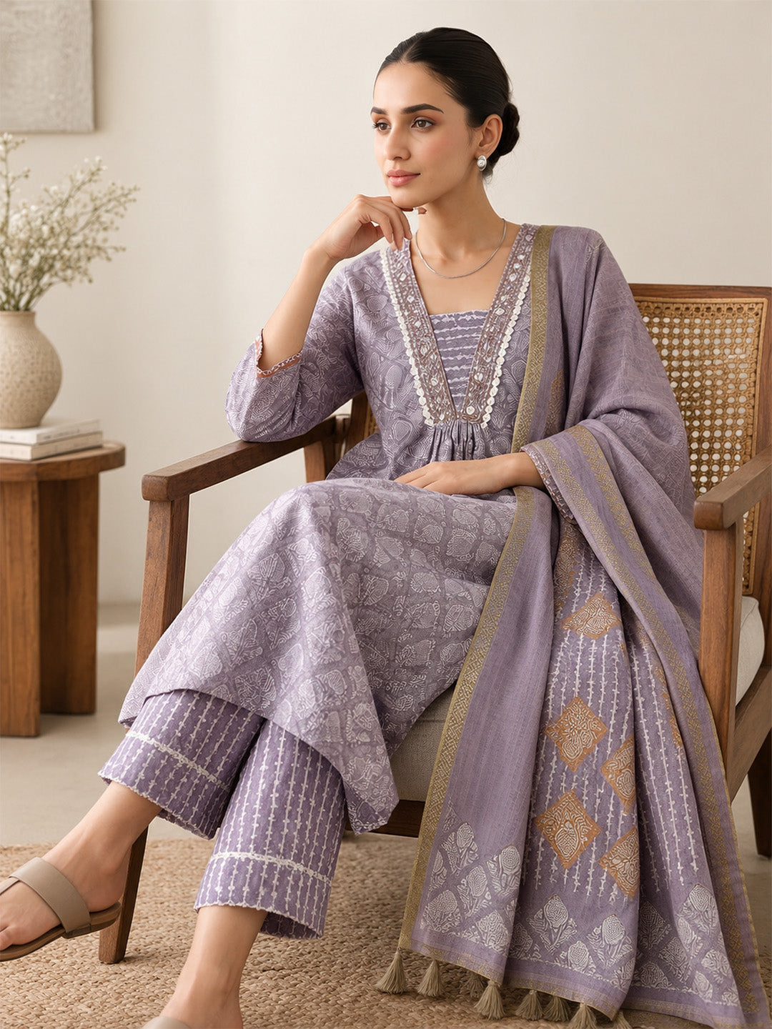 Misty Lavender Floral Block Print Cotton Suit