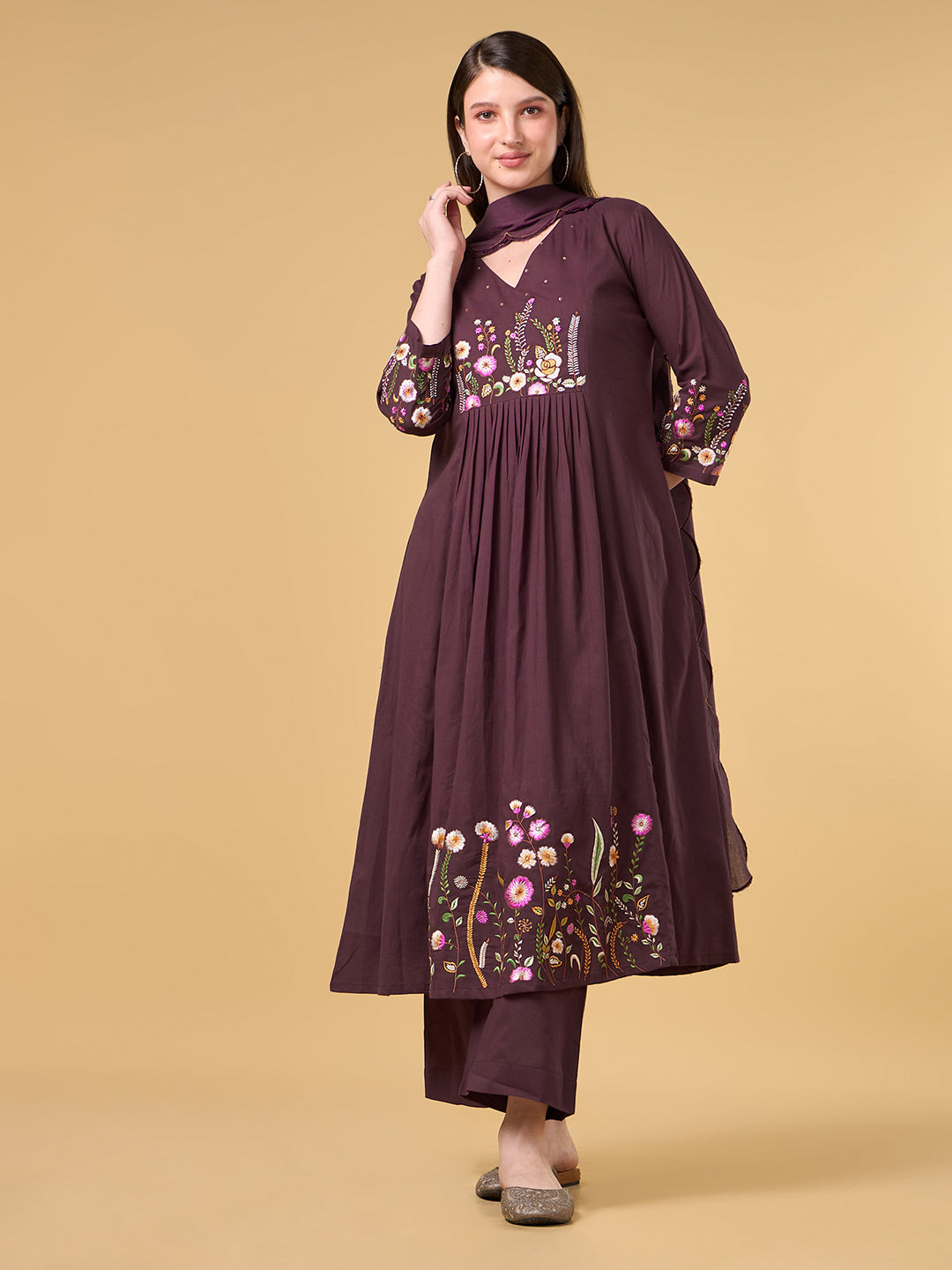 Wine Embroidered Cotton Suit
