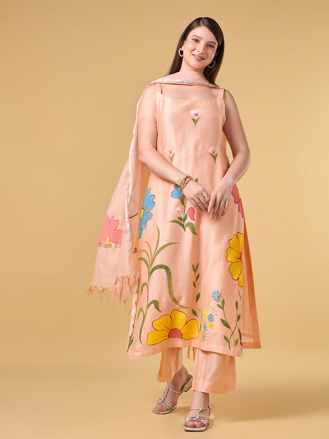 Pastel Peach Brush Painted Cotton Suit