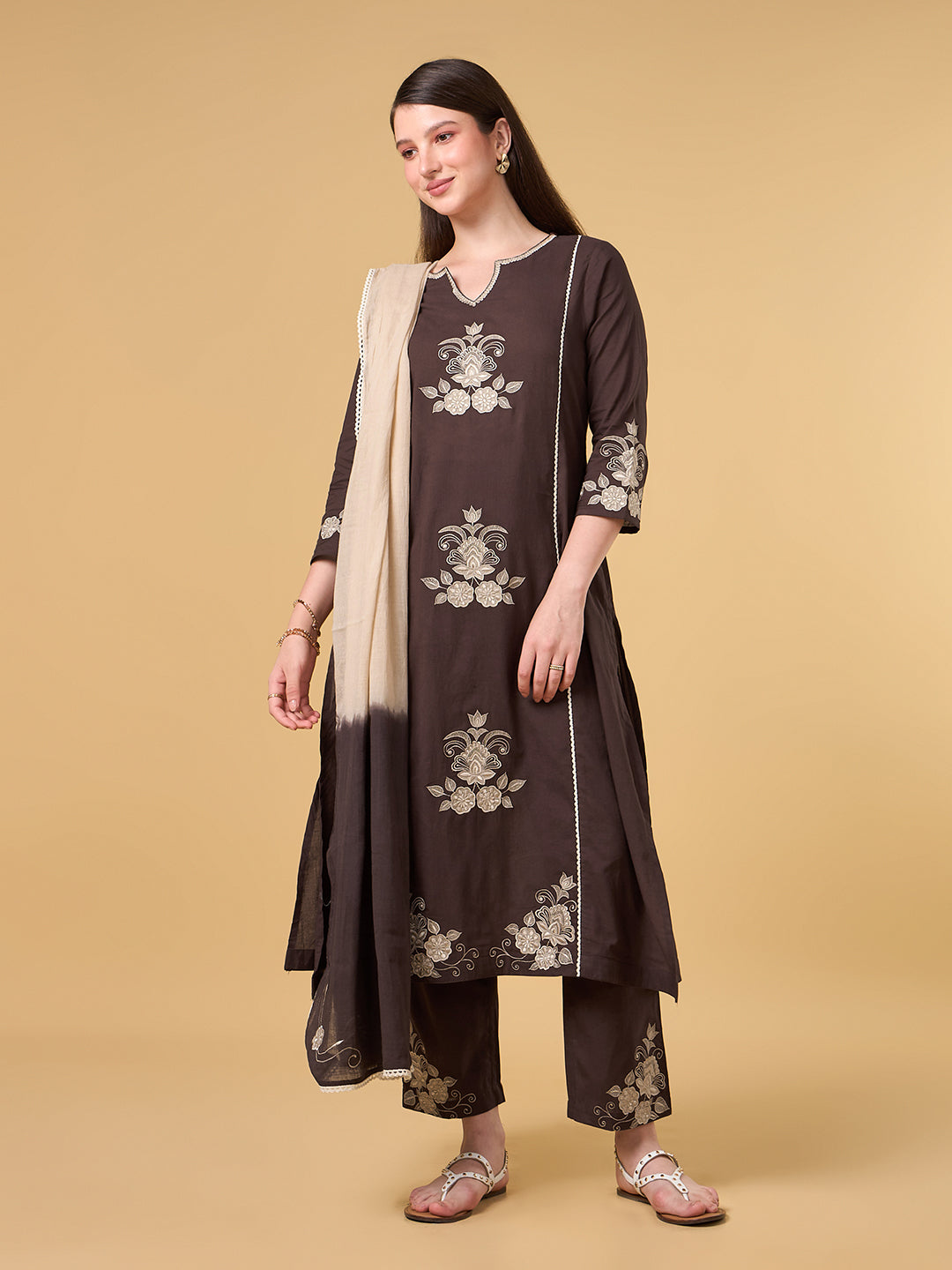 Dark Brown Embroidered Cotton Suit