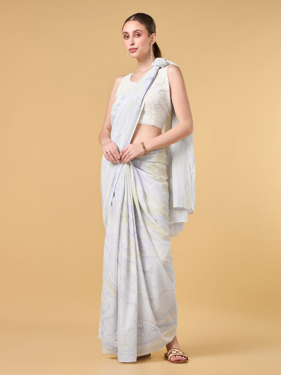 Purple Paradise Hand Marble Printed Cotton Saree