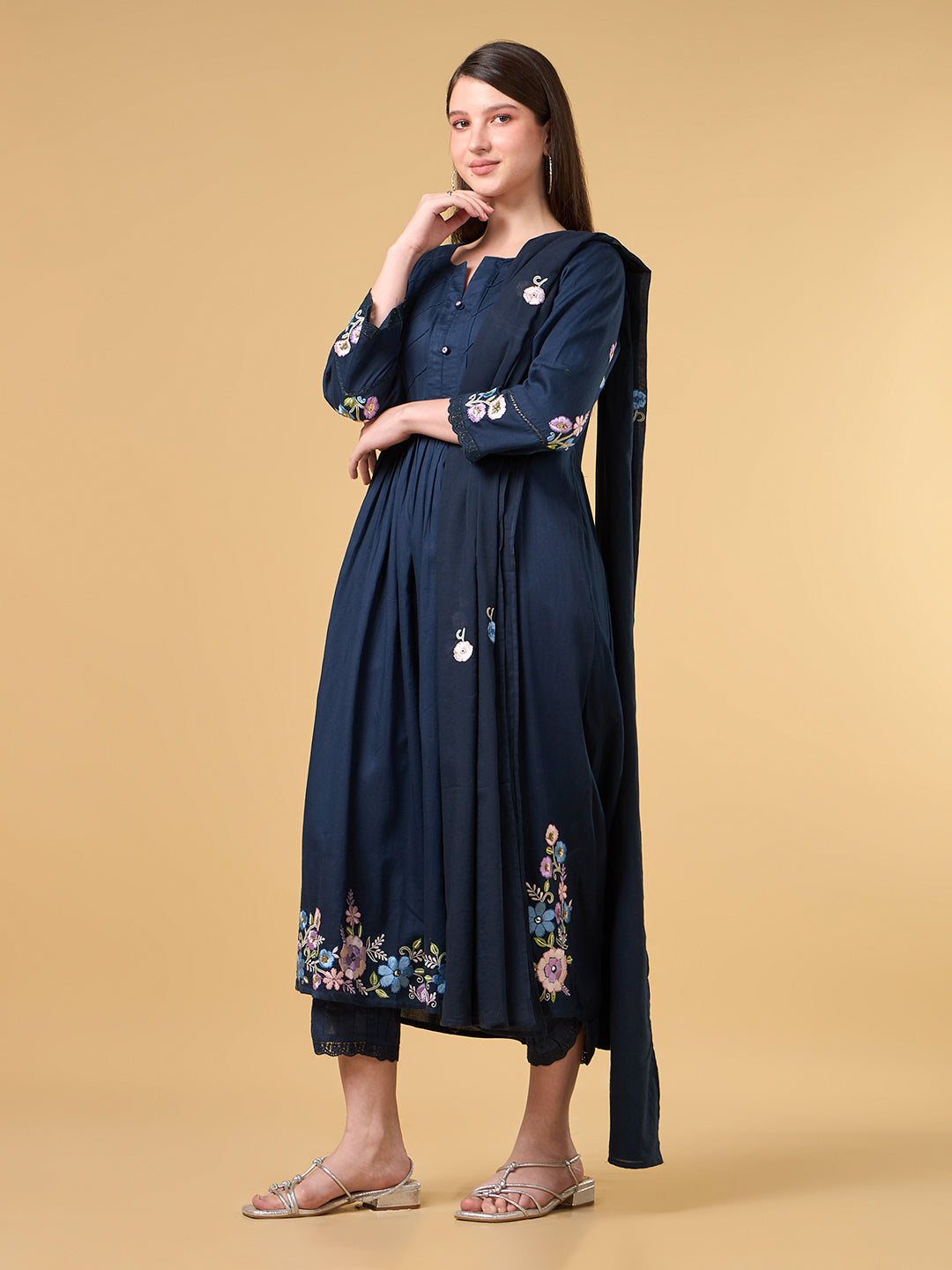 Navy Blue Embroidered Cotton Suit
