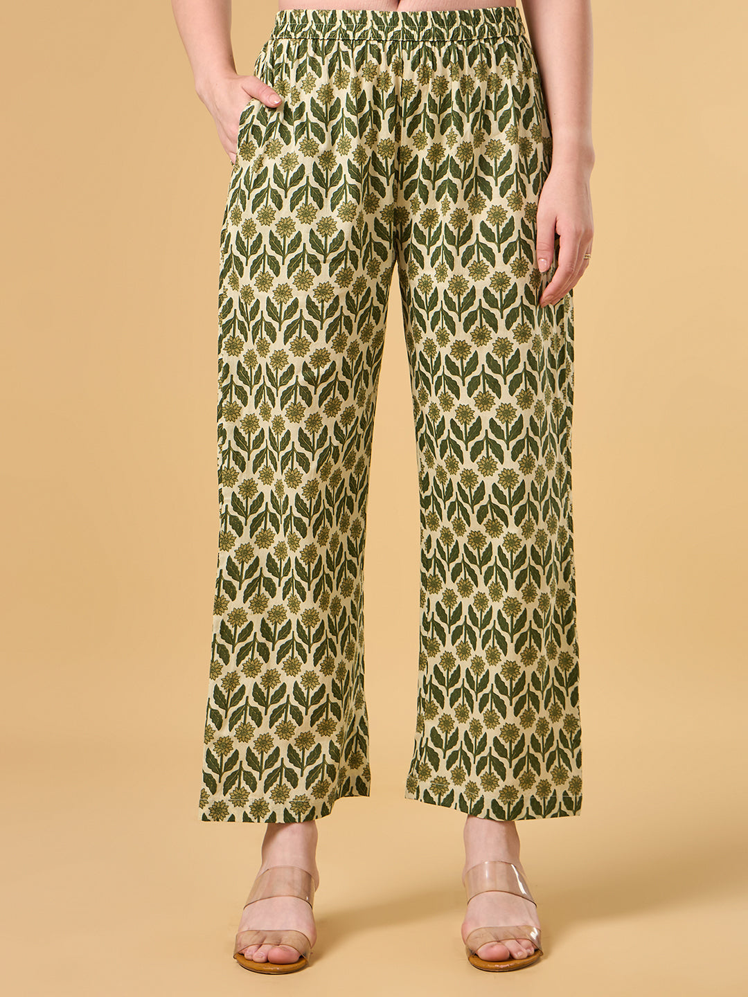 Olive Green Tropical Printed Cotton Suit
