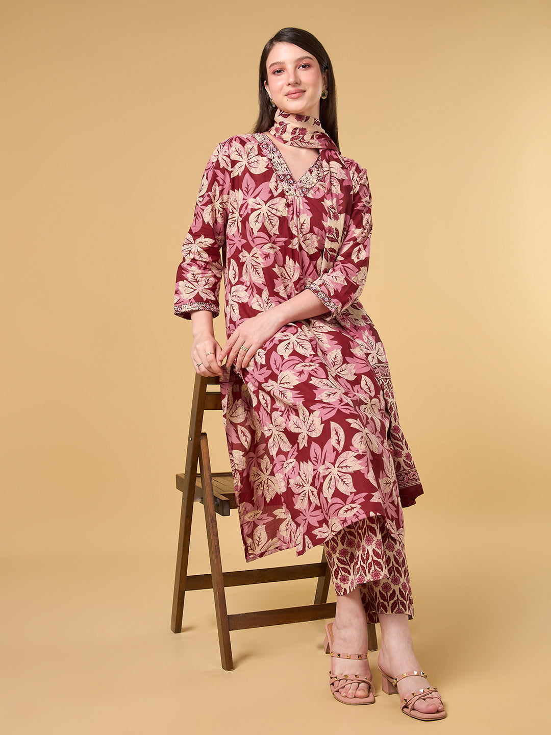 Maroon Tropical Printed Cotton Suit