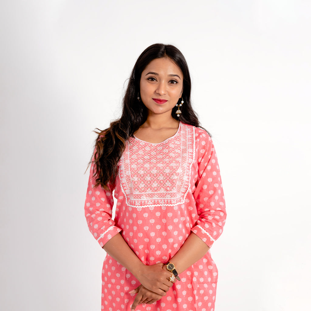 Pink with Zari Mirror Work With Striped Pant & Dye Dupatta Cotton Suits