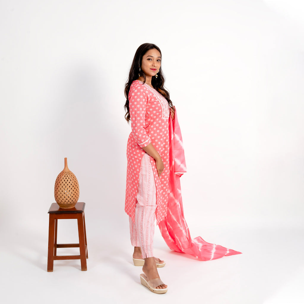 Pink with Zari Mirror Work With Striped Pant & Dye Dupatta Cotton Suits