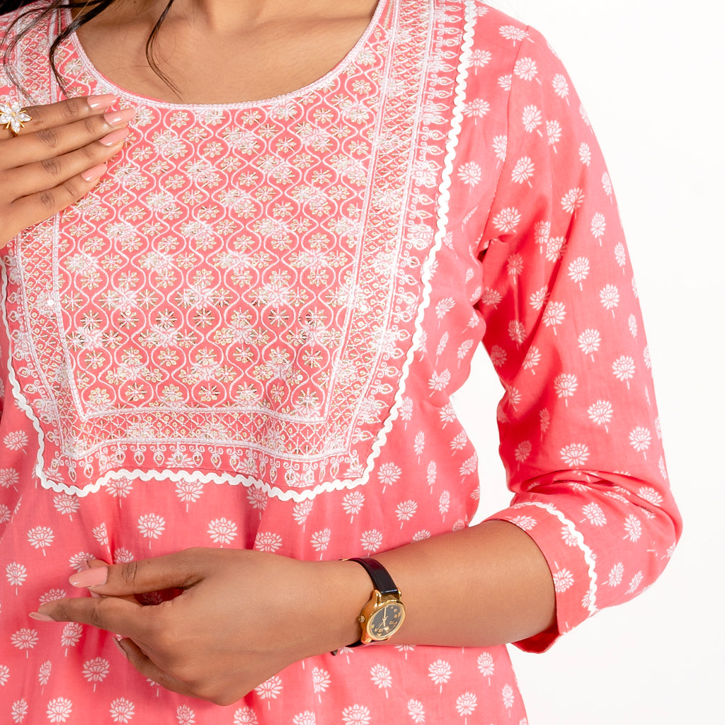 Pink with Zari Mirror Work With Striped Pant & Dye Dupatta Cotton Suits