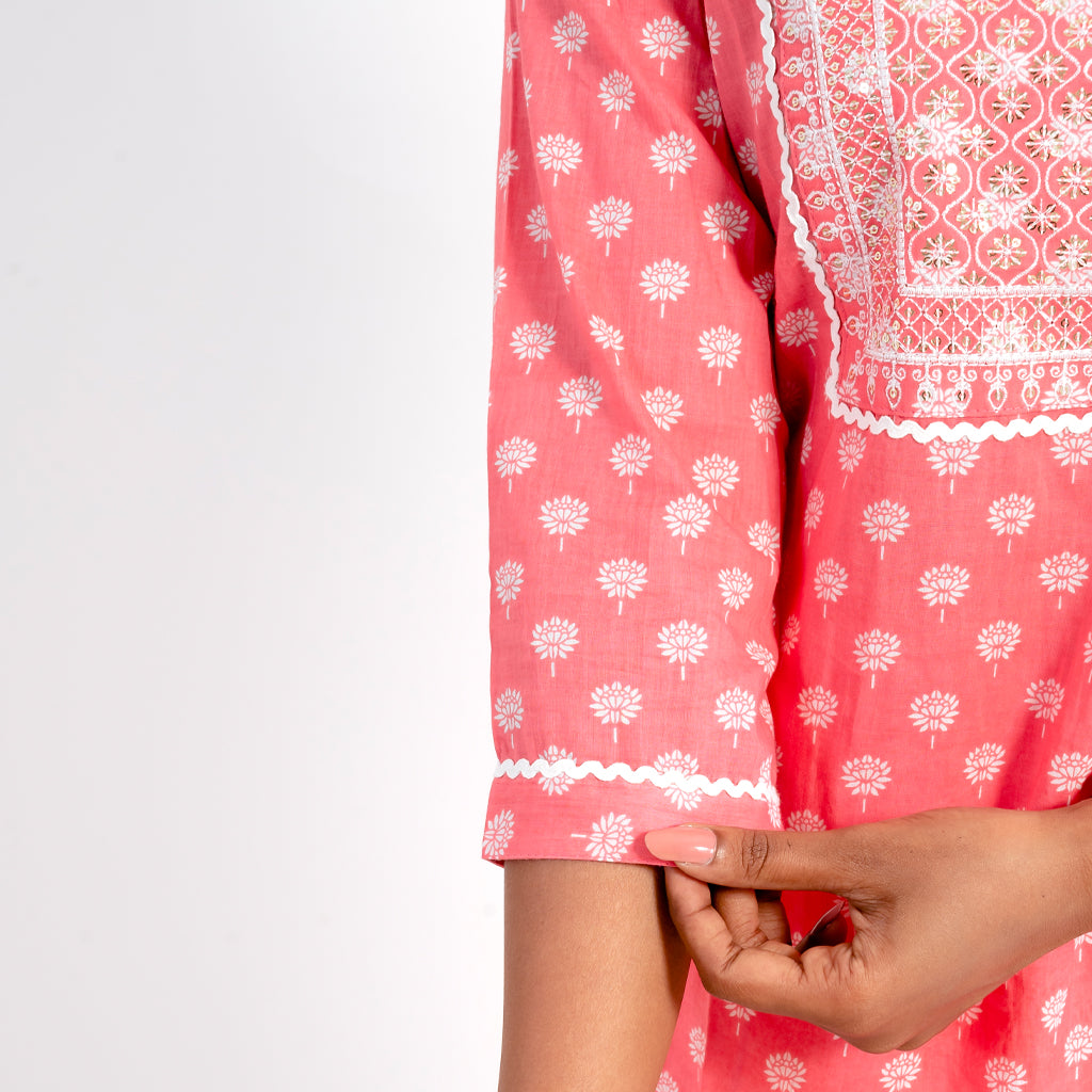 Pink with Zari Mirror Work With Striped Pant & Dye Dupatta Cotton Suits