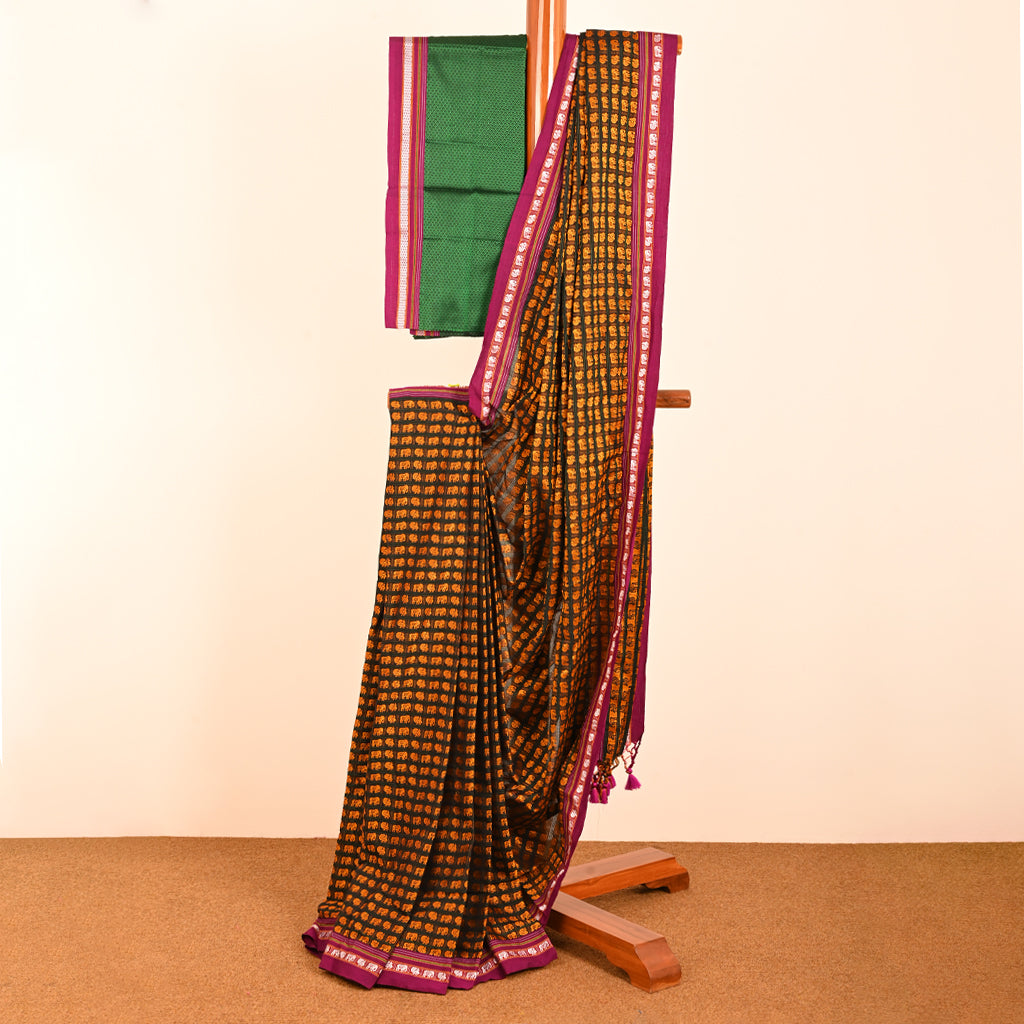 Vamika Green Yellow Hathi Mor Cotton Saree