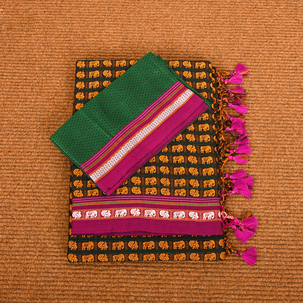 Vamika Green Yellow Hathi Mor Cotton Saree