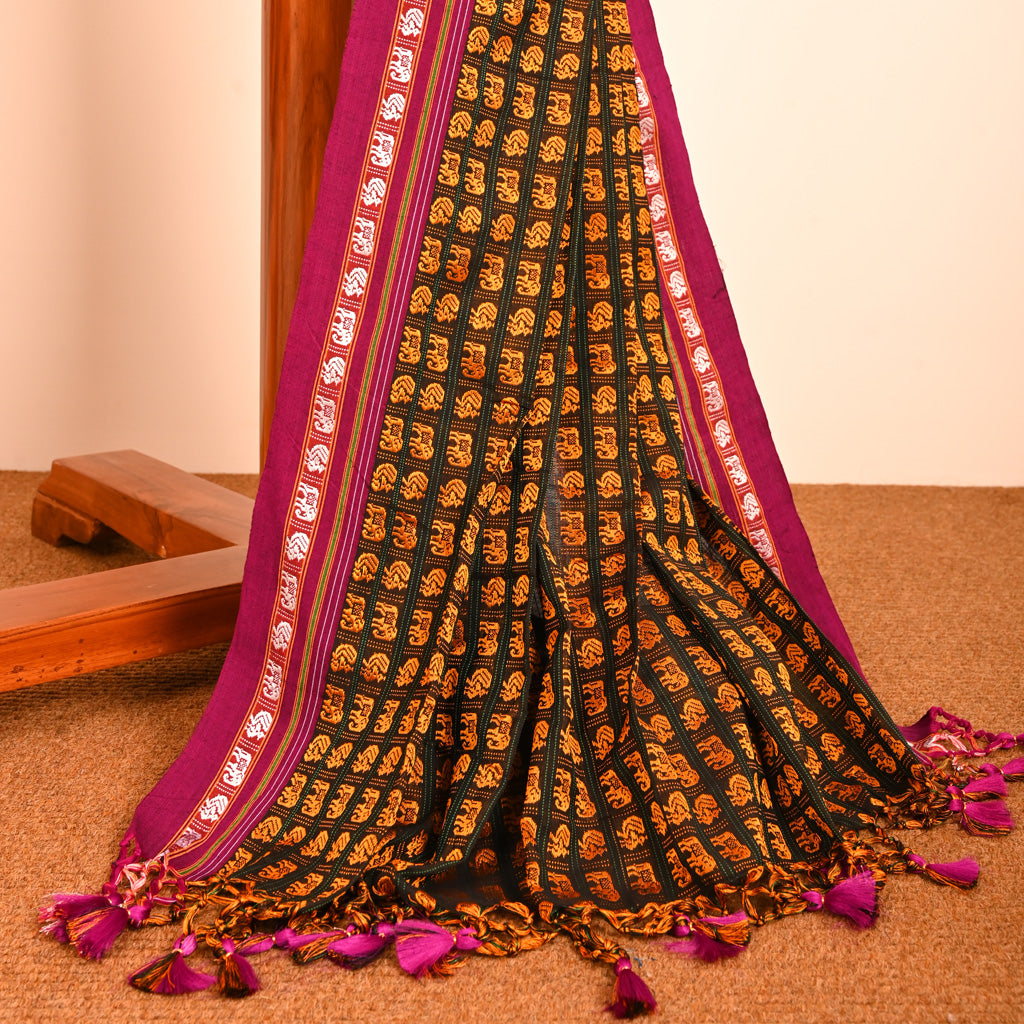 Vamika Green Yellow Hathi Mor Cotton Saree