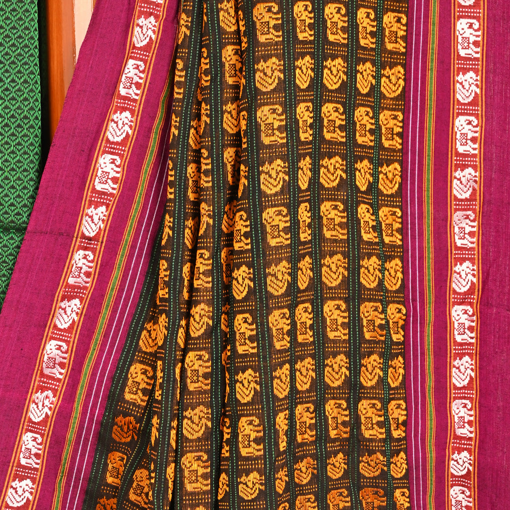 Vamika Green Yellow Hathi Mor Cotton Saree