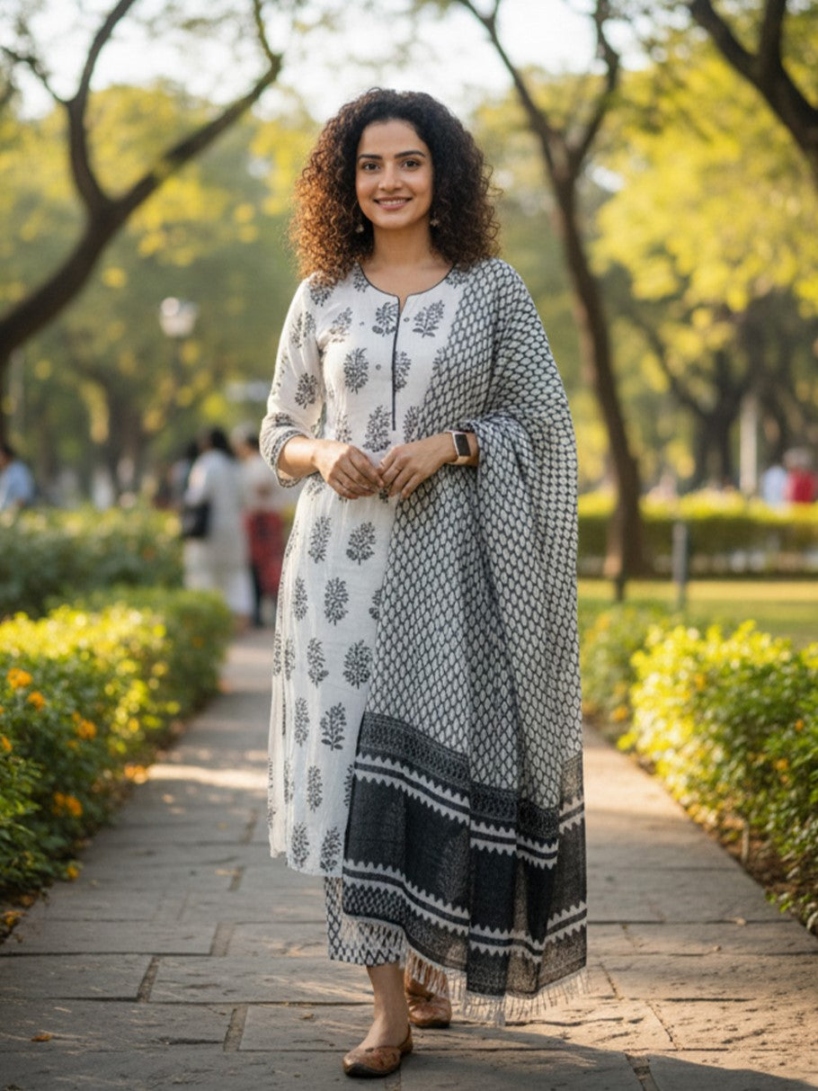 Black & White Printed Cotton Suit