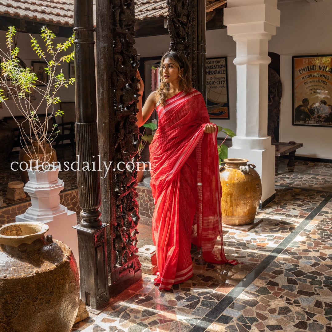 La Salcete Cherry Red Kunbi Saree