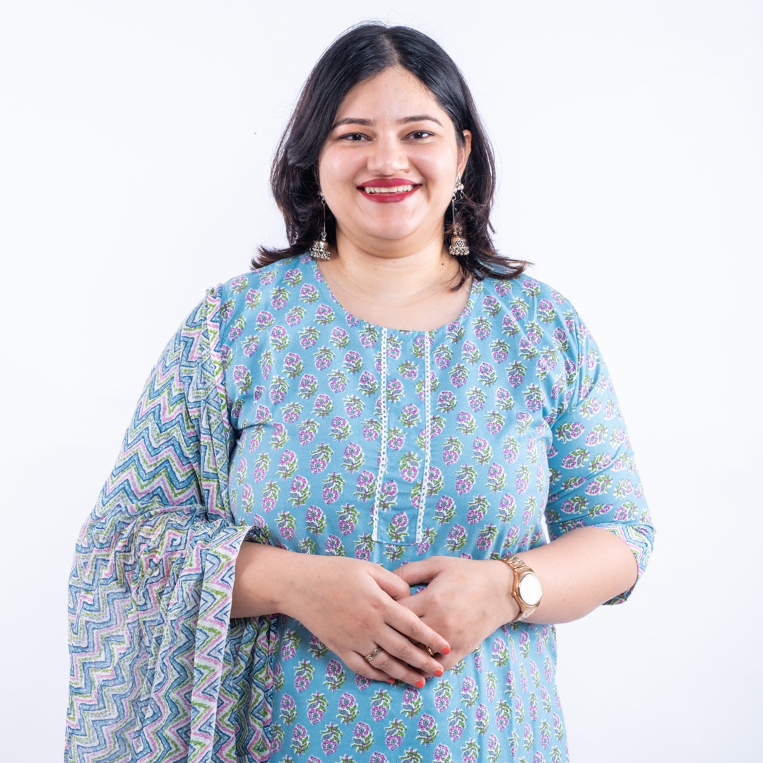 Sapphire Blue Printed Cotton Plus Size Suit