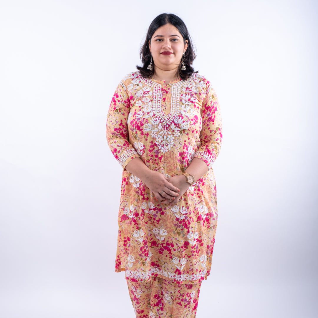 Pink Printed Hand-Chikankari Cotton Co-ord Set