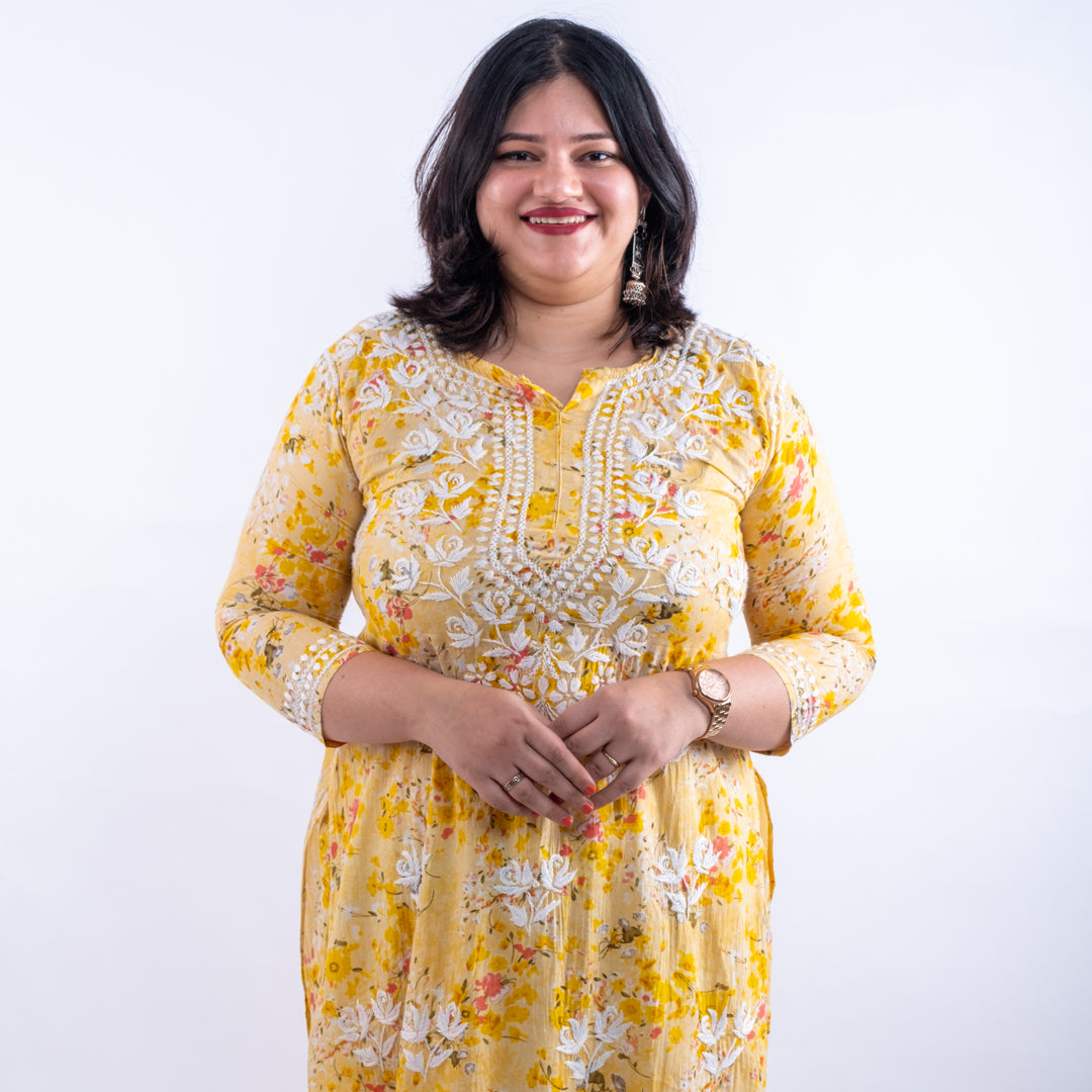 Blossom Yellow Printed Hand-Chikankari Cotton Co-ord Set