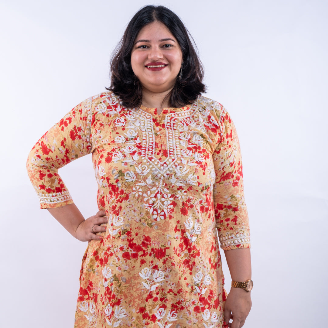 Grapefruit Red Printed Hand-Chikankari Cotton Co-ord Set