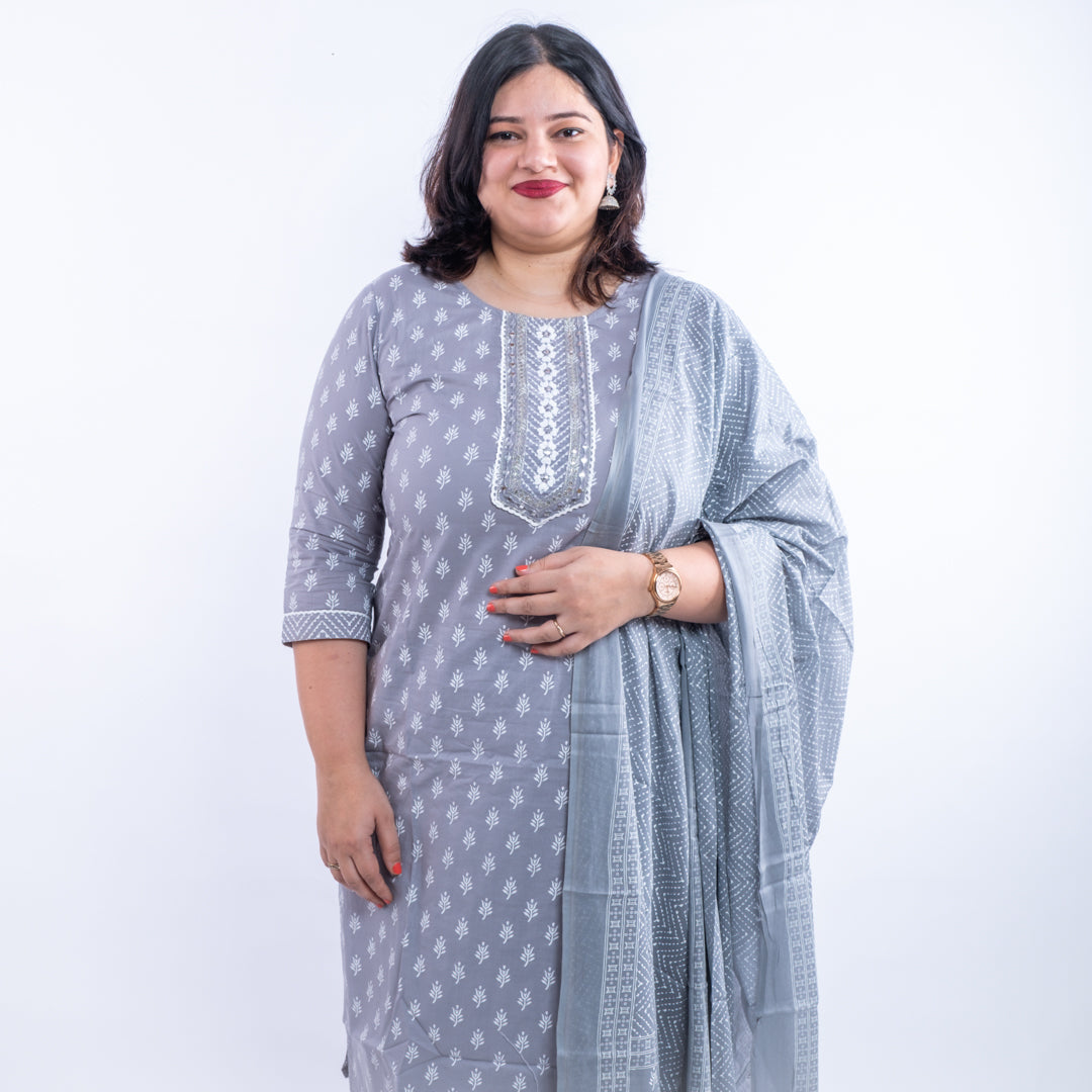 Grey Floral Printed Cotton Plus Size Suit
