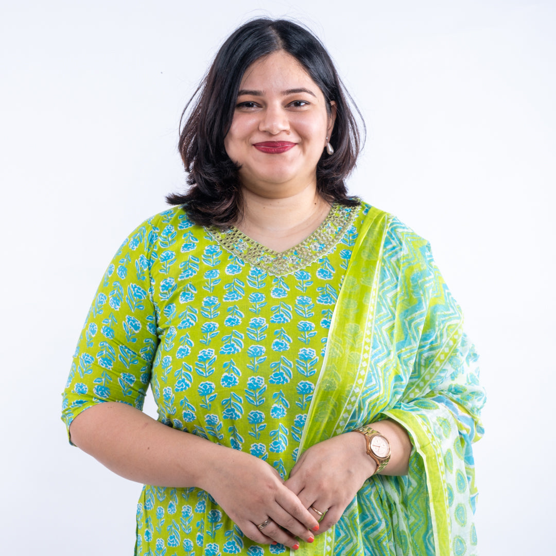 Parrot Green Printed Afghani Cotton Plus Size Suit
