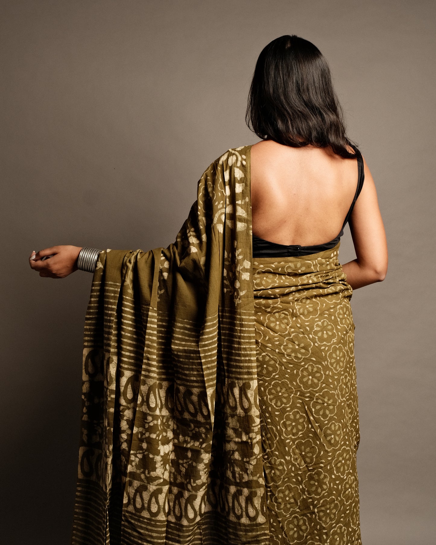 Mehendi Green Handblock Print Mul Cotton Saree