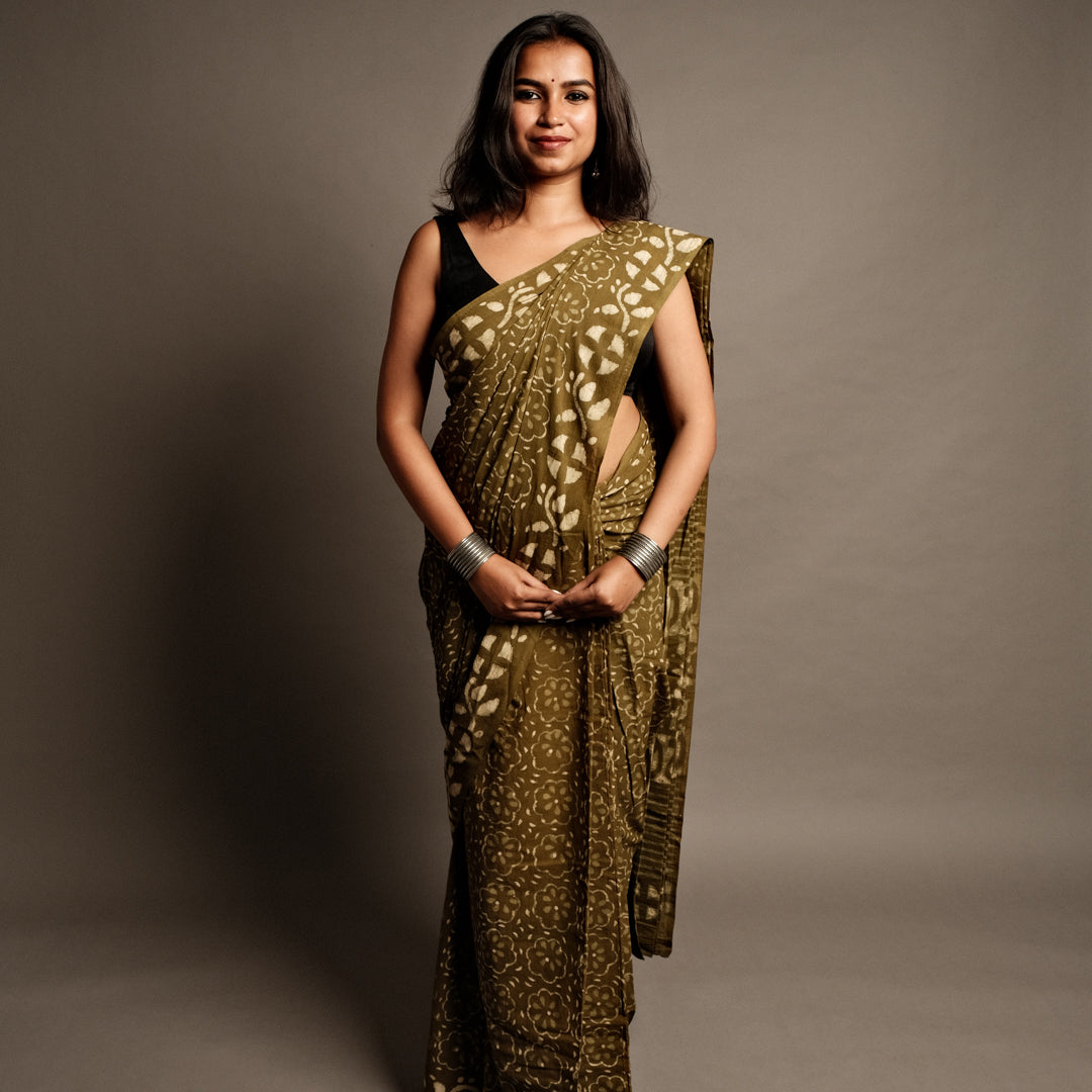 Mehendi Green Handblock Print Mul Cotton Saree