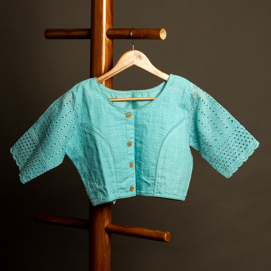 Sky Blue Hakoba Round Neck Readymade Cotton Blouse