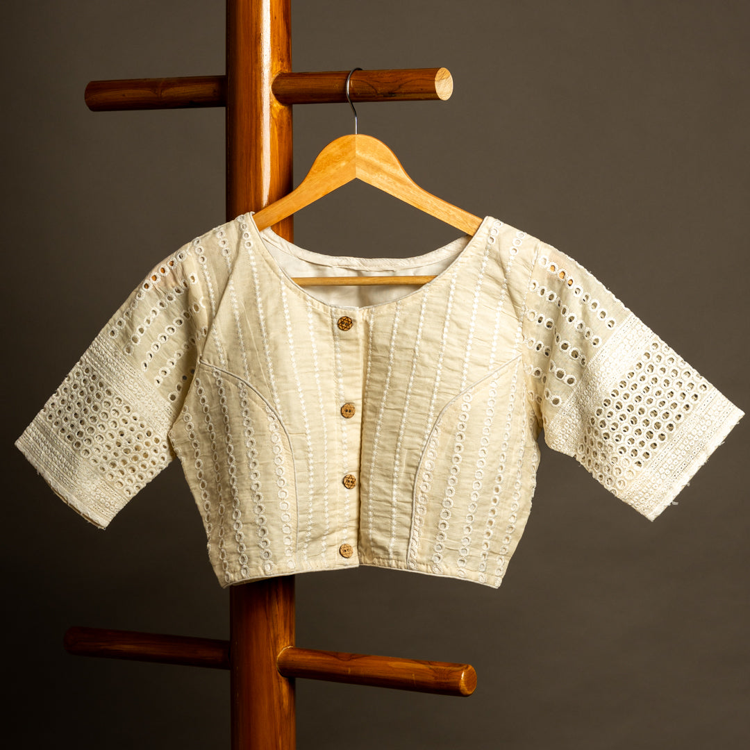 Off White Hakoba Round Neck Readymade Cotton Blouse