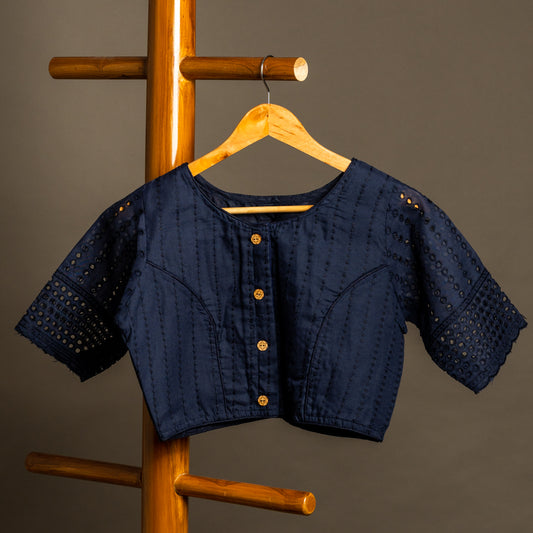 Navy Blue Hakoba Round Neck Readymade Cotton Blouse